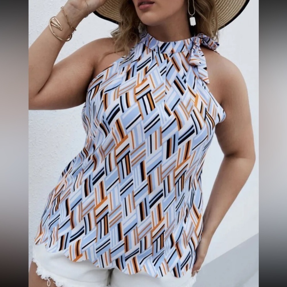 SHEIN Curve 1XL Plus Geo Print Scallop Hem Knot Halter Top Sleeveless Blouse